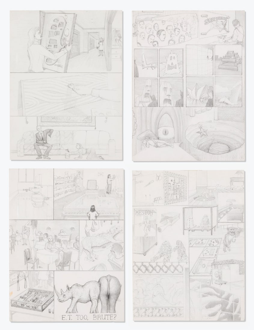 LOT OF 4: Jim Shaw (1952): LOT OF 4 Jim Shaw (1952) (top left) Dream Drawing (3 Dreams), 1993 Pencil on paper Signed, titled, dated and inscribed to verso ‘3 Dreams Jim Shaw '93' (top right) Dream Drawing (I had a bunch of ar