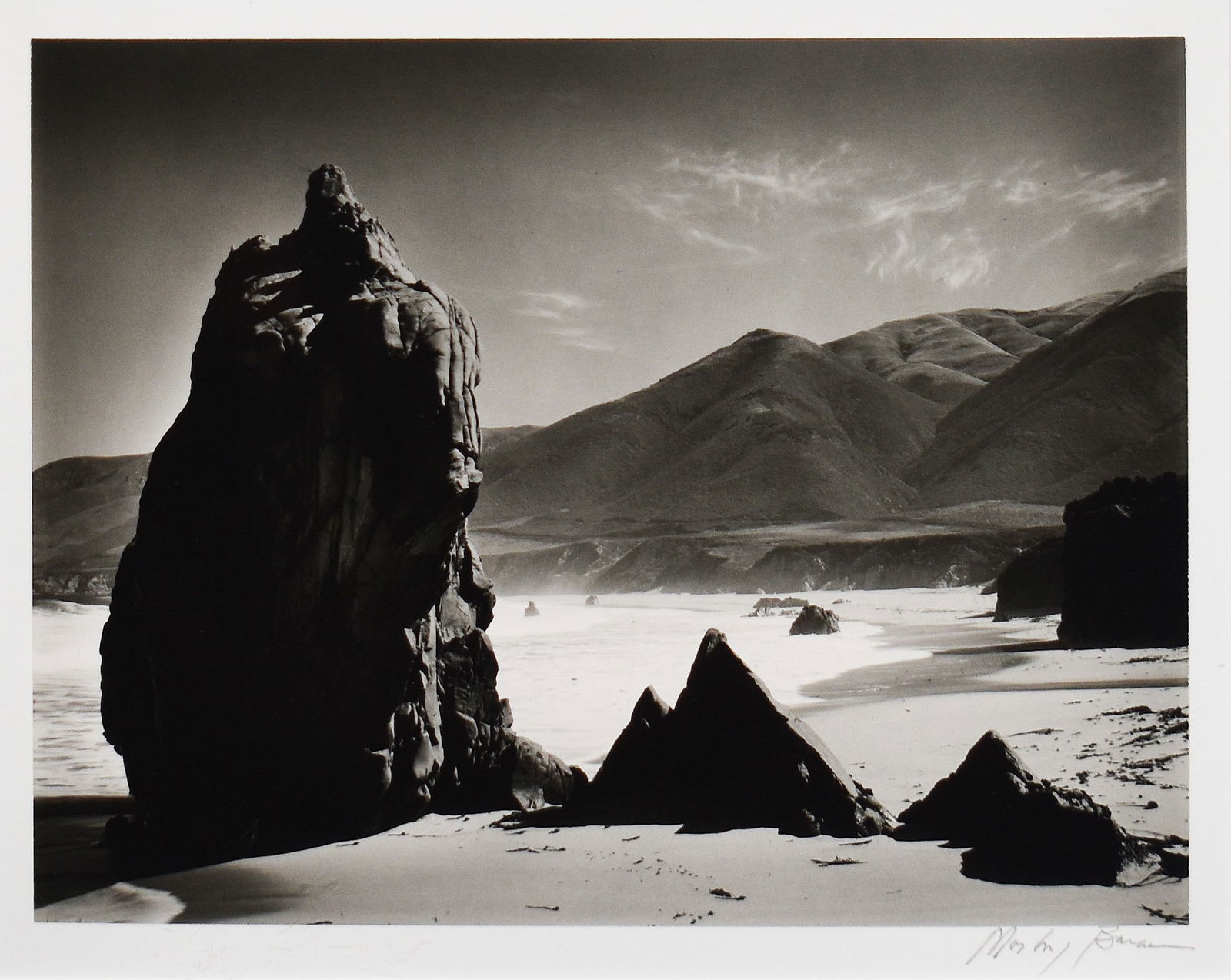 Morely Baer (1916-1995): Garrapata Beach, Sur Coast, 1972: Morely Baer (1916-1995) Garrapata Beach, Sur Coast, 1972 Gelatin Silver Print Signed by artist on recto Image: 7.5 x 9.5 in; Framed: 14.5 x 16.5 in