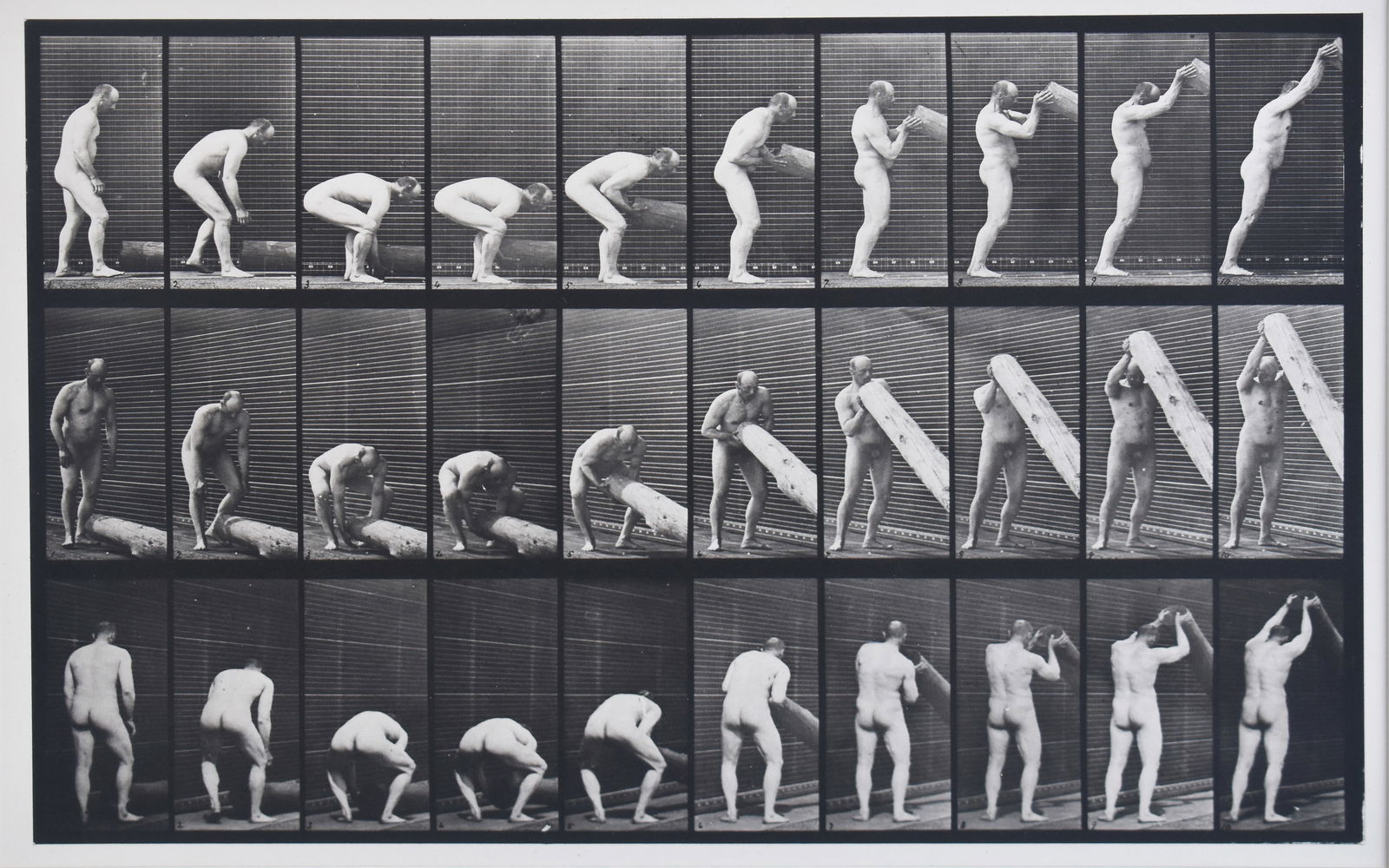 Eadward Muybridge (1830-1904): Motion Study, Plate 382 (man lifting a log on end), 1887: Eadward Muybridge (1830-1904) Motion Study, Plate 382 (man lifting a log on end), 1887 Collotype Jay Gorney Modern Art Gallery, New York tag on verso From the collection of Elyn Zimmerman and Kirk Var