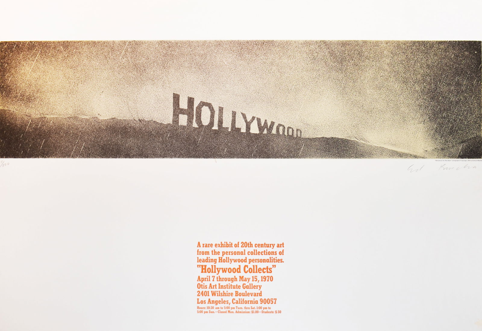 Ed Ruscha (1937): Hollywood in the Rain, from Hollywood Collects, 1969: Ed Ruscha (1937) Hollywood in the Rain, from Hollywood Collects, 1969 Offset lithograph in colors on paper From the numbered edition of 220 Signed/numbered on recto Image: 23 x 35 in