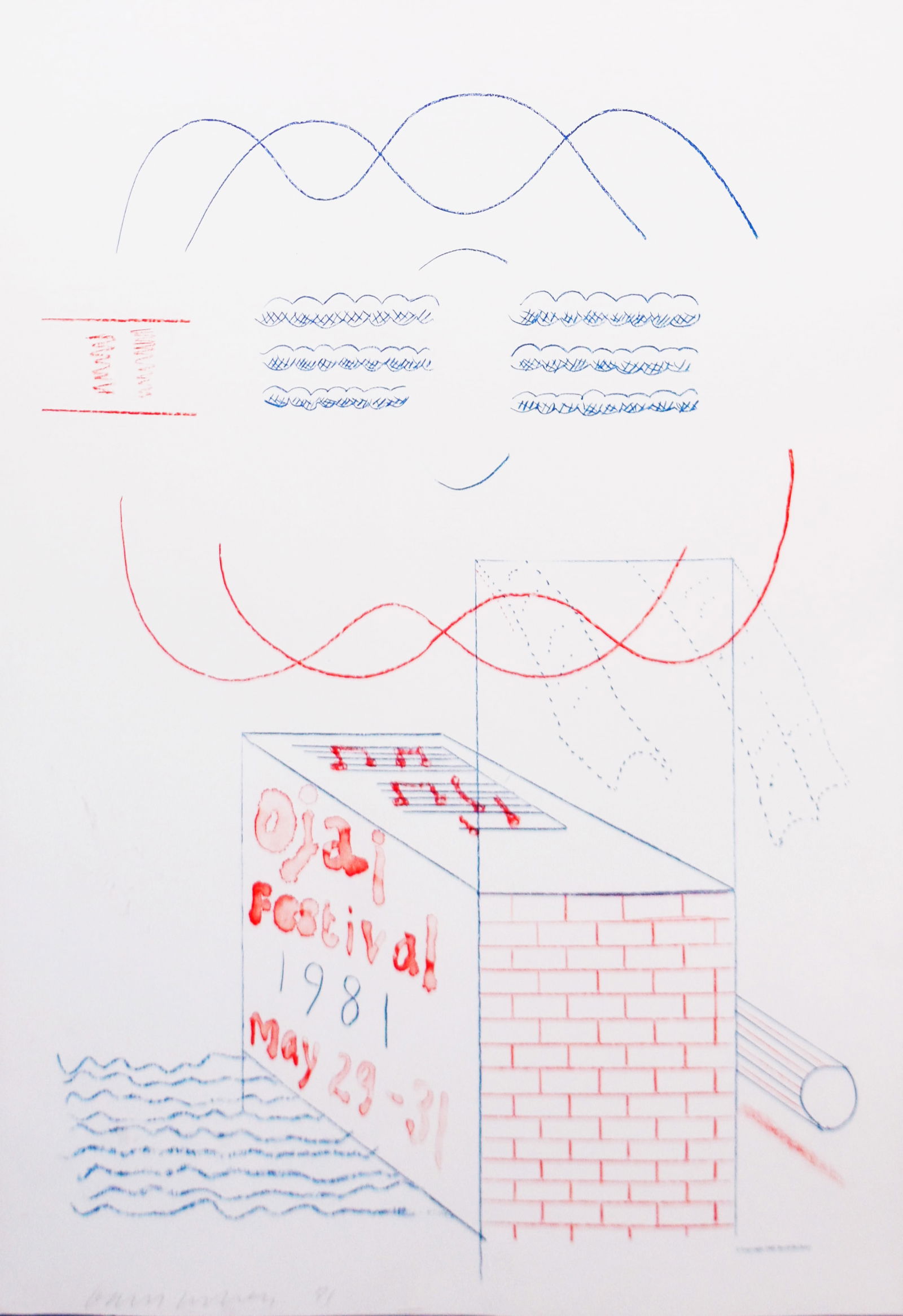 David Hockney (1937): Ojai Festival Poster, 1981: David Hockney (1937) Ojai Festival Poster, 1981 Lithograph in colors on wove paper Hand-signed/dated by artist on recto Artist stamp on recto Image: 30.25 x 22.375 in; Framed: 36.5 x 28.625 in.