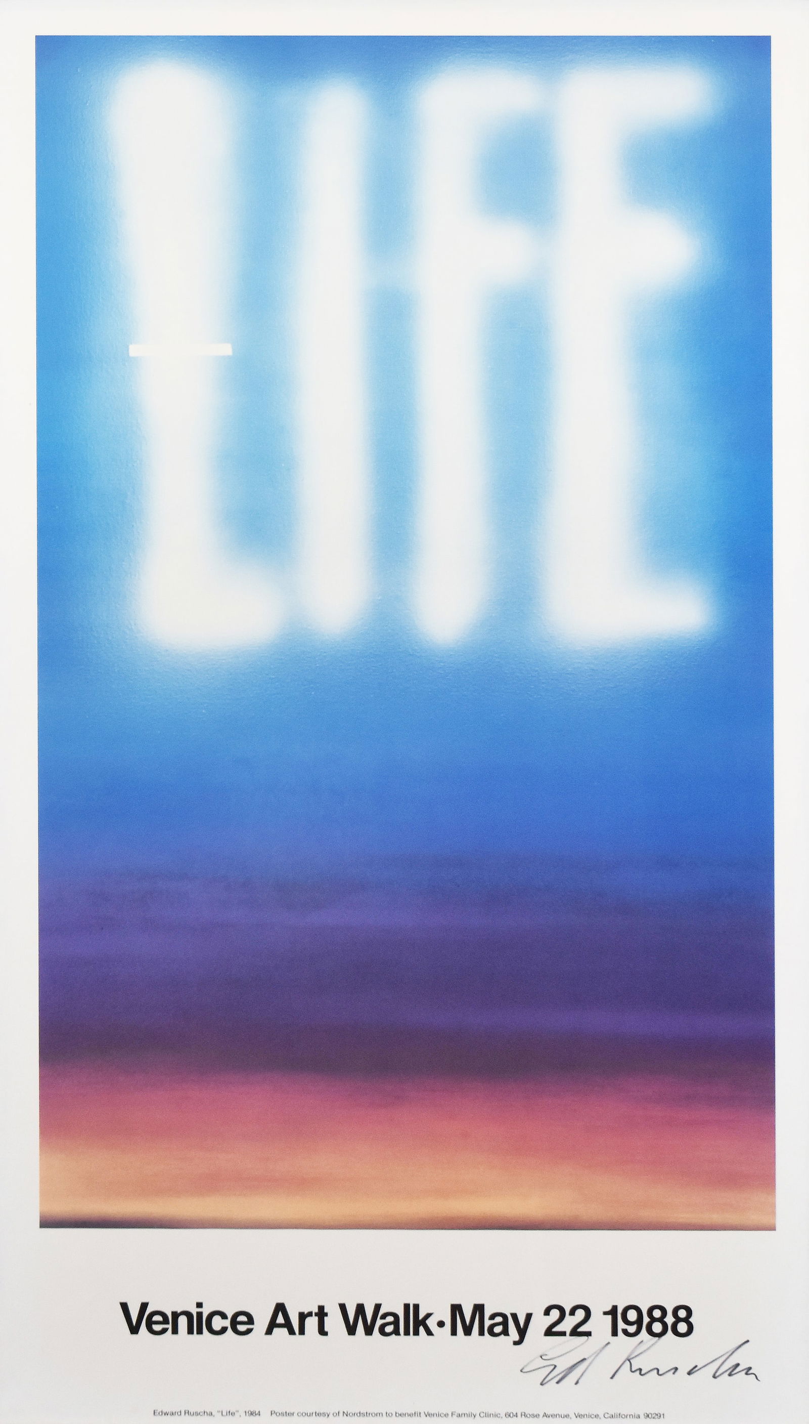 Ed Ruscha (1937): Venice Art Walk (Life), 1988: Ed Ruscha (1937) Venice Art Walk (Life), 1988 Offset Lithograph Poster Hand-signed by artist Sheet size: 36 x 19.25 in; Framed : 36.75 x 20 in