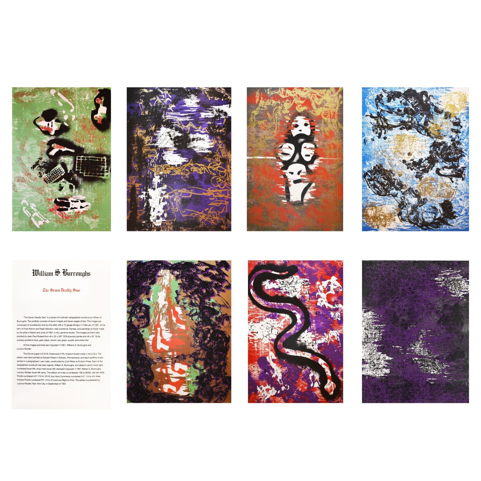 William S. Burroughs (1914-1997): The Seven Deadly Sins, 1991: William S. Burroughs (1914-1997) The Seven Deadly Sins, 1991 Image prints: 4-color silkscreens, 1-color woodblock Text prints: 2-color silkscreens Each from the numbered edition of 90 Consisting of (7