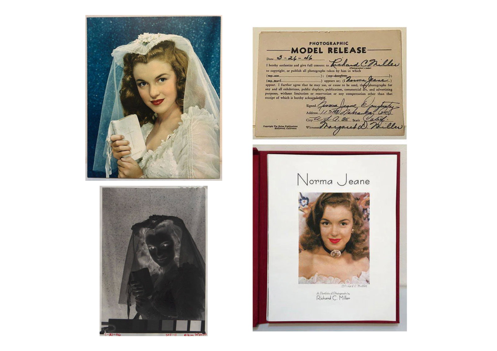 Richard C. Miller (1912-2010): Norma Jeane Dougherty in Wedding Dress, 1946: Richard C. Miller (1912-2010) Norma Jeane Dougherty in Wedding Dress, 1946 Vintage Carbro print (unique) Signed in ink on recto; Signed and annotated on verso Image: 15 x 12.5 in Model Release signed 