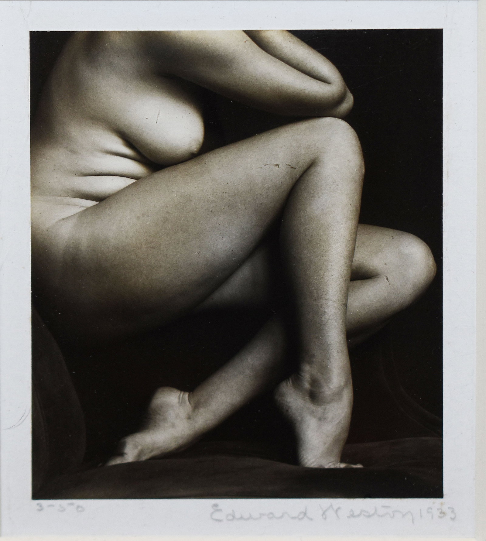 Edward Weston (1886-1958): Untitled (Nude), 1933: Edward Weston (1886-1958) Untitled (Nude), 1933 Gelatin silver print Signed/dated on recto From the collection of Bruce Brown Image: 4.5 x 3.5 in; Framed: 20.625 x 16.625 in