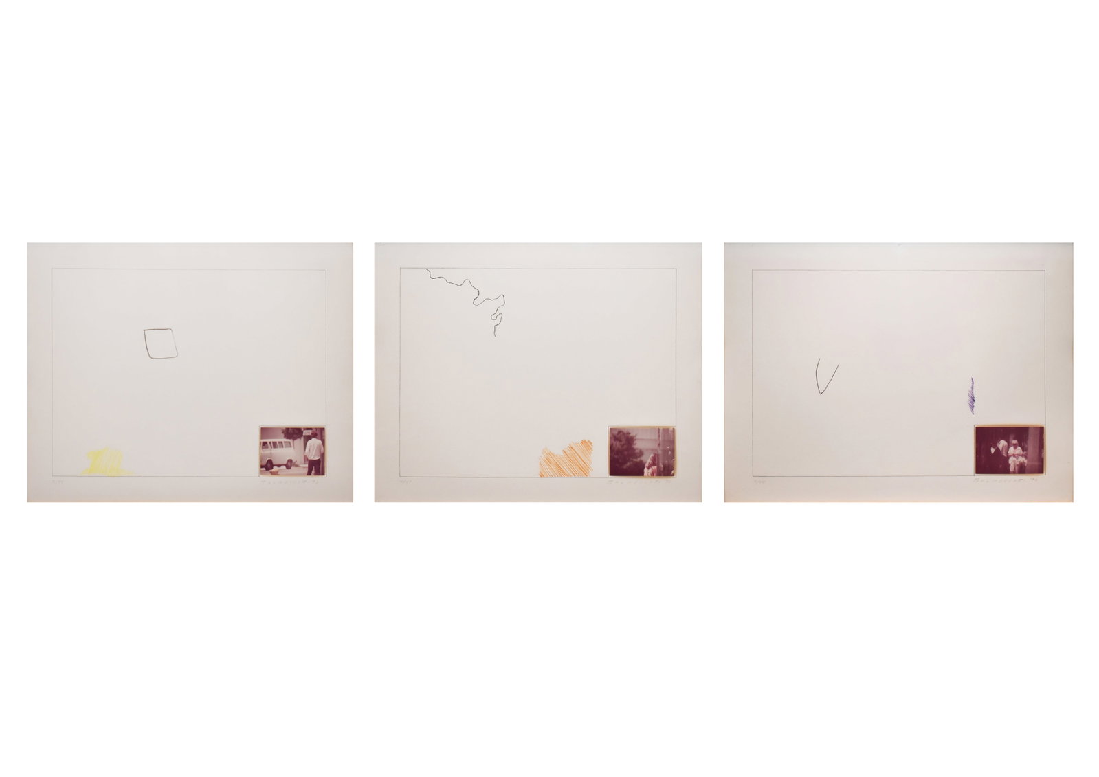 LOT OF 3: John Baldessari (1931-2020): LOT OF 3 John Baldessari (1931-2020) Raw Prints (Hurowitz 3-8, Cirrus p.185-187), 1976 Three lithographs in colors with hand-tipped color photographs and embossing on Arches paper Each from the number