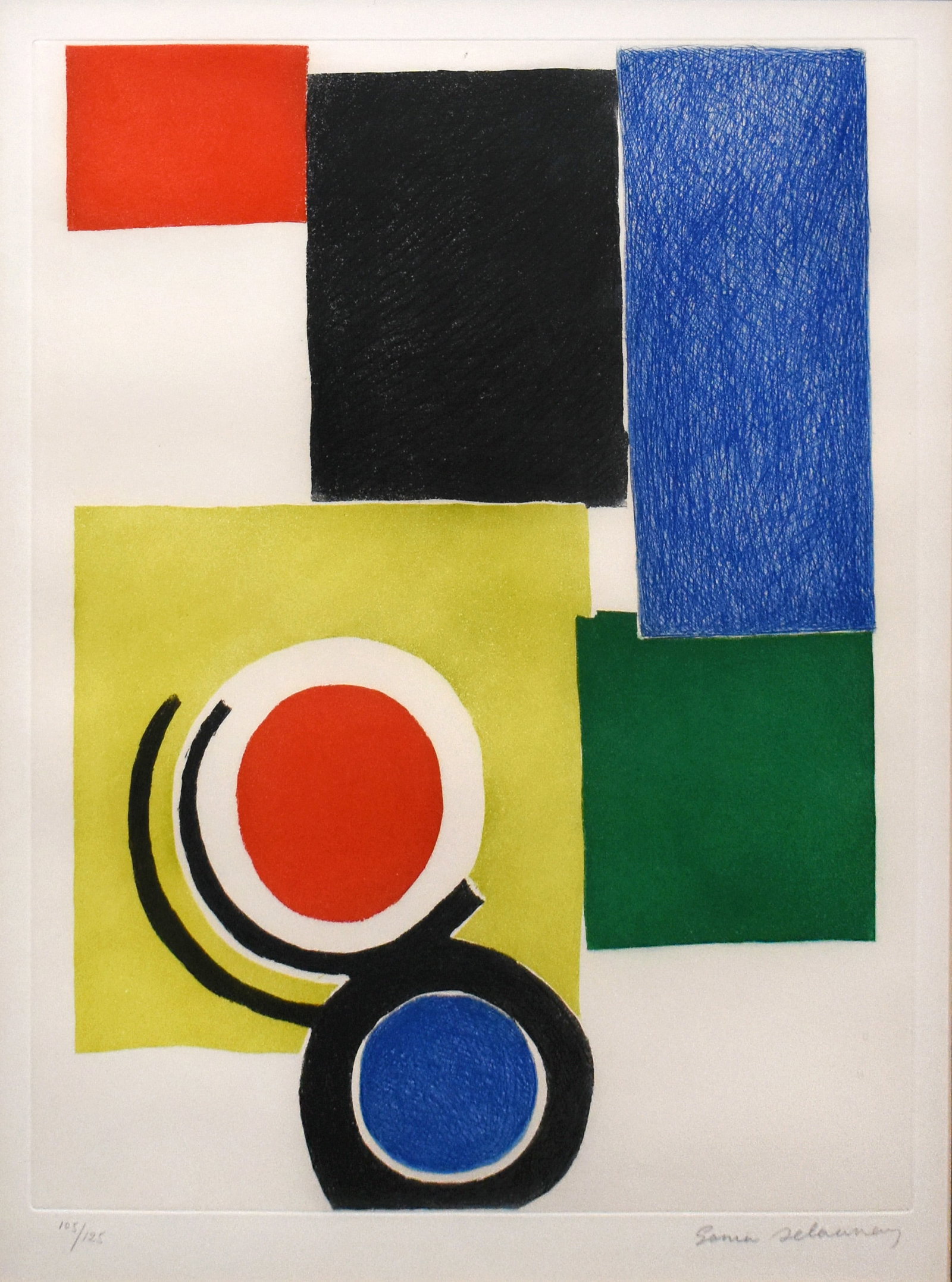 Sonia Delaunay (1885-1979): Composition with Rectangles, Circles and Semicircles: Sonia Delaunay (1885-1979) Composition with Rectangles, Circles and Semicircles (Composition Ploychrome), 1970 From the numbered edition of 125 Etching and aquatint in colors on Arches paper, signed i