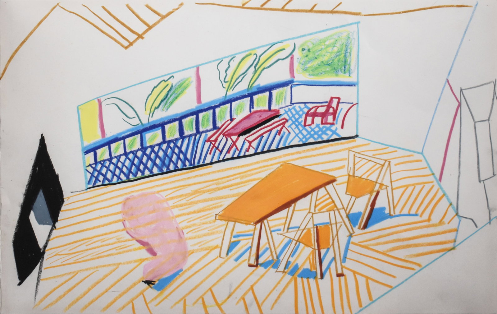 Attributed to David Hockney (1937-2026): Untitled (Study of the Interior of Hollywood Home), 1985: Attributed to David Hockney (1937-2026) Untitled (Study of the Interior of Hollywood Home), 1985 Pastel crayons on artist paper Image: 13.5 x 19.5 in Provenance: From the collection of Vintage Animati