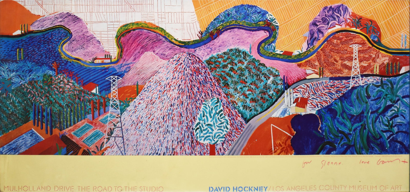David Hockney (1937-2026): Mulholland Drive, The Road to the Studio, 1980: David Hockney (1937-2026) Mulholland Drive, The Road to the Studio, 1980 Collotype Continuous Tone Lithograph Poster Dedicated "for Glenne" and signed in marker by artist Provenance: From the collecti