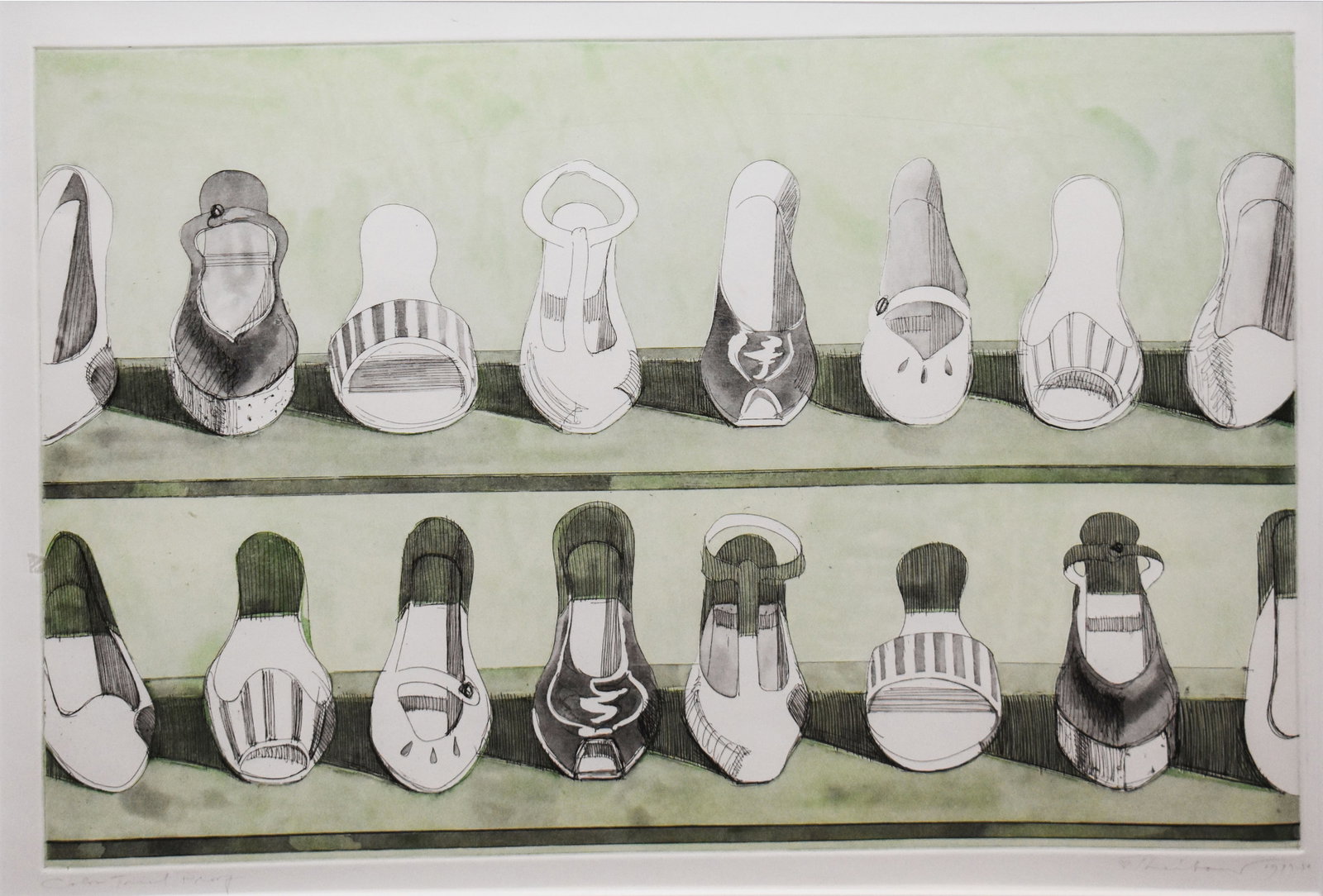 Morton Wayne Thiebaud (1929-2021): Shoe Rows, from Recent Etchings I, 1979-80: Morton Wayne Thiebaud (1929-2021) Shoe Rows, from Recent Etchings I, 1979-80 Color etching, aquatint, and spit-bite aquatint on wove Somerset paper Color Trial Proof (aside the numbered edition of 50,
