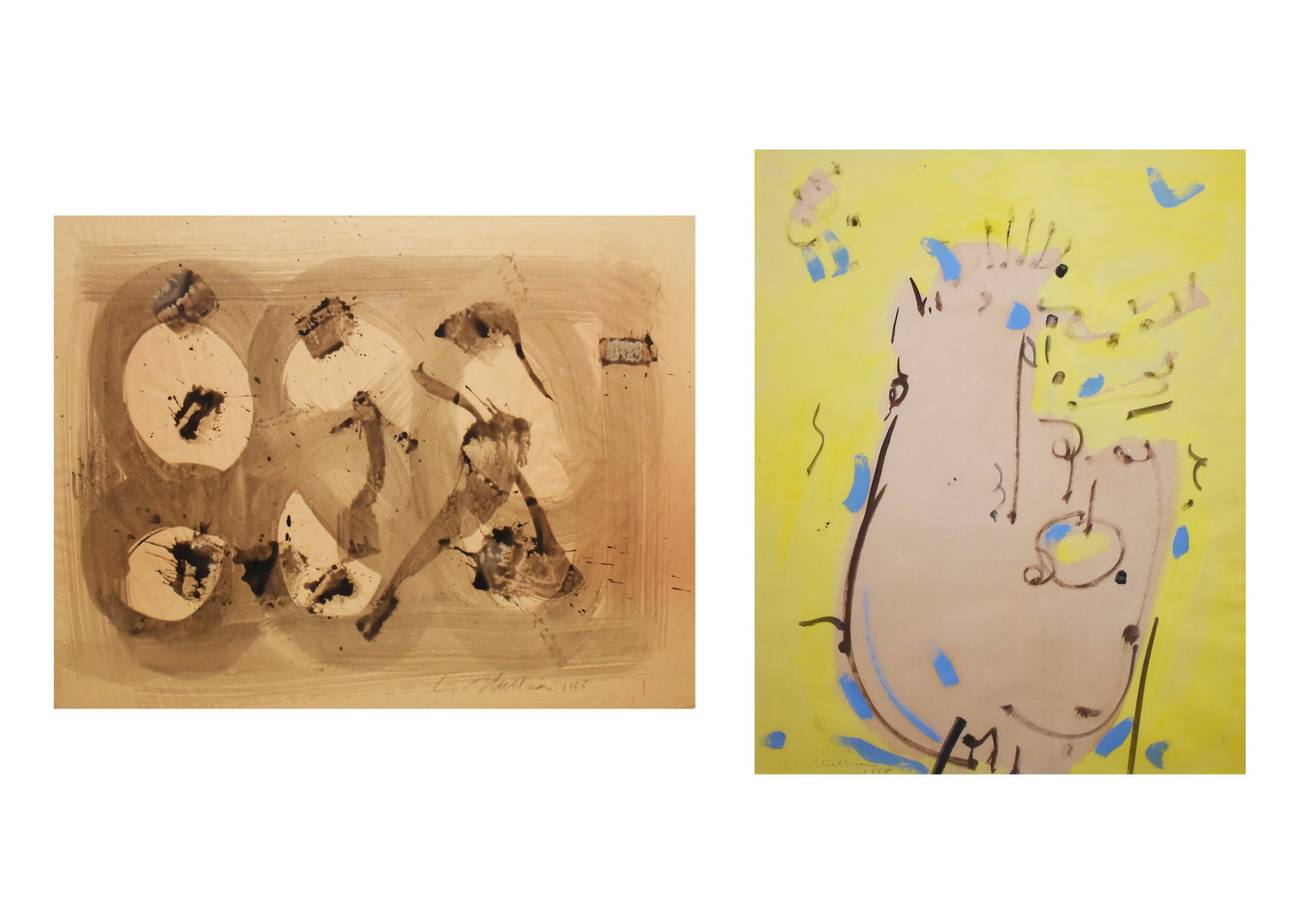LOT OF 2: Lee Mullican (1919-1998): LOT OF 2 Lee Mullican (1919-1998) Untitled, 1955 Wash on paper Signed/dated on recto Image: 18.5 x 23.5 in; Framed: 24.5 x 30 in Lee Mullican (1919-1998) Untitled, 1959 Mixed media on paper Signed/dat