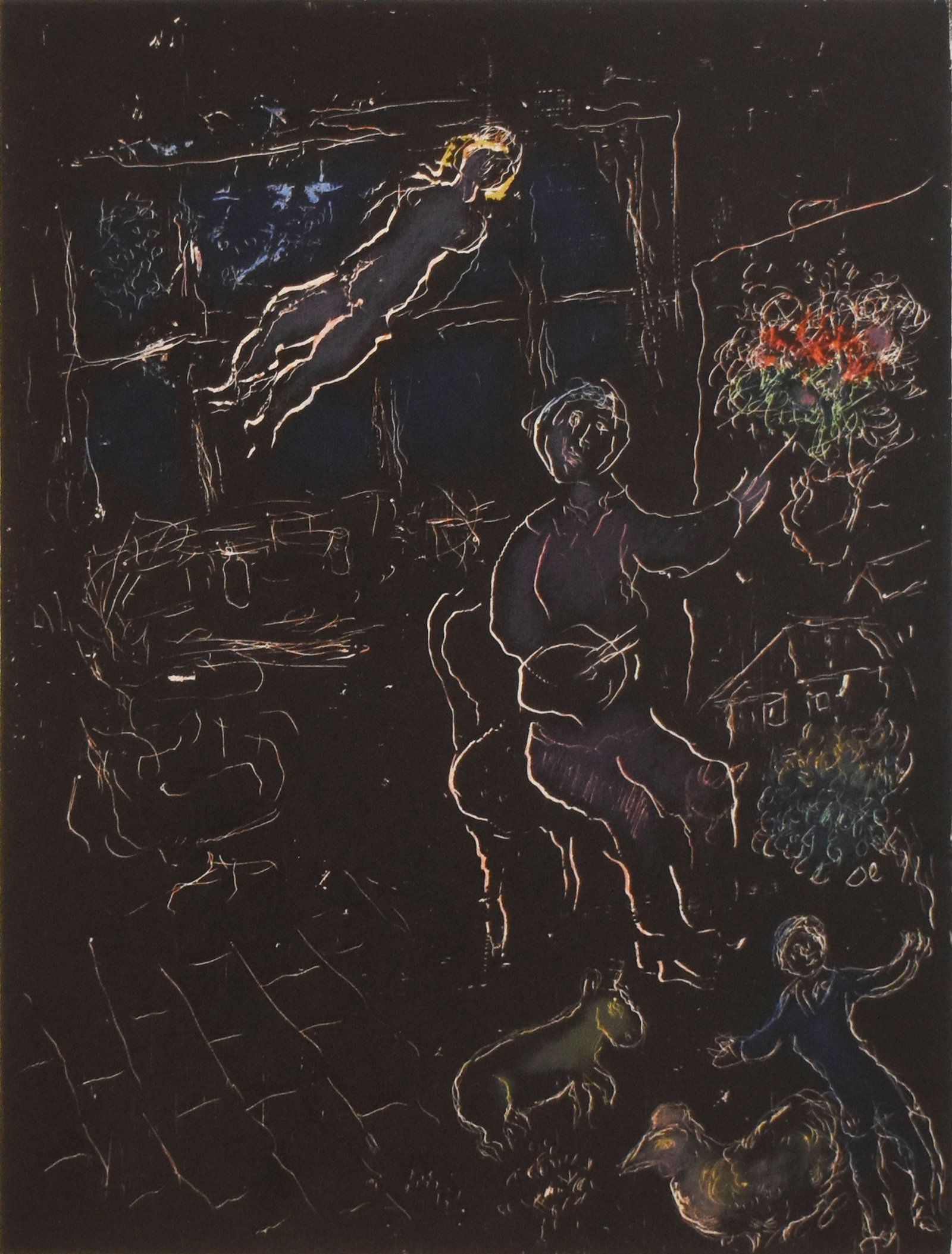 Marc Chagall (1887-1985): L?Atelier de Nuit (The Studio at Night), 1980: Marc Chagall (1887-1985) L Atelier de Nuit (The Studio at Night), 1980 Color lithograph From the numbered edition of 50 Signed/numbered on recto Sheet: 25.6 x 18.7 in; Framed: 34 x 28.5 in