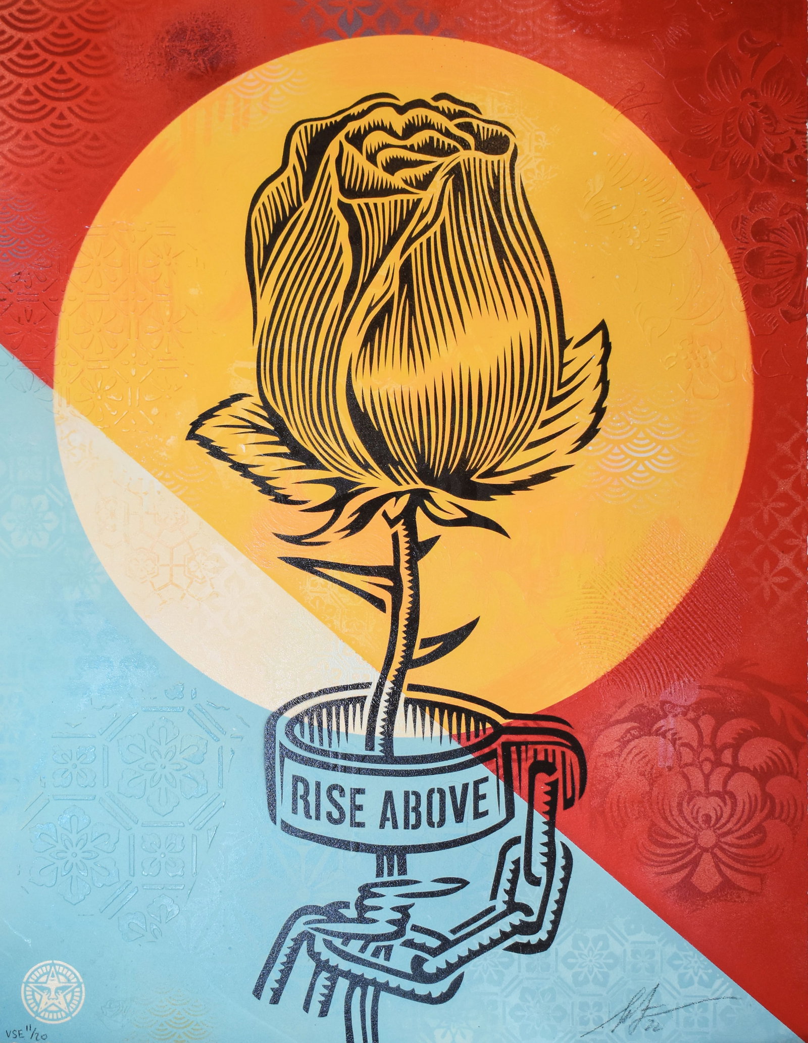 Shepard Fairey (1970): Rose Shackle, 2022: Shepard Fairey (1970) Rose Shackle, 2022 Stencil painting with unique variations in background painting and relief texture created with a thick application of acrylic medium through pattern stencils F