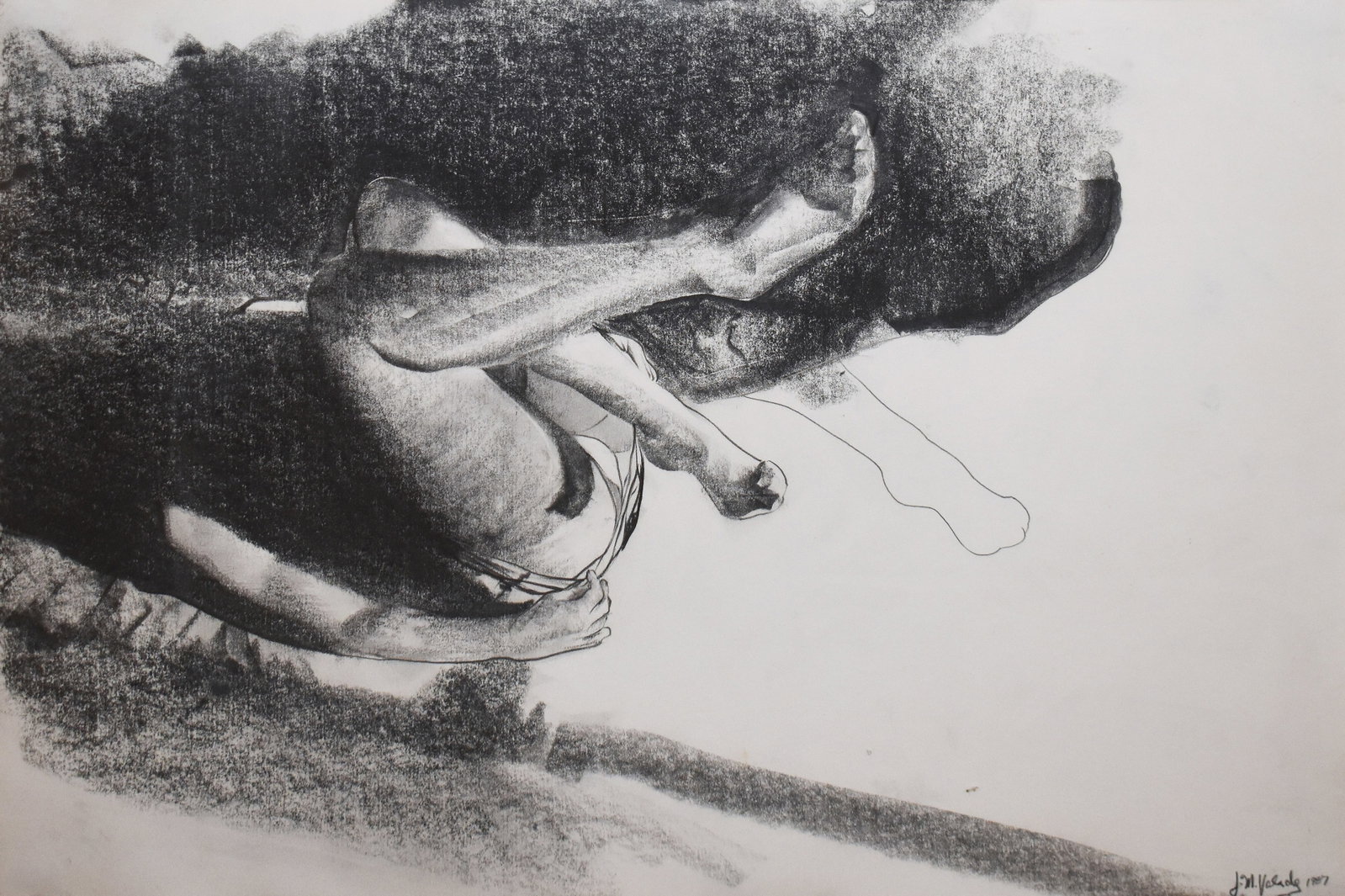 John Valadez (1951): Untitled Nude Drawing, 1987: John Valadez (1951) Untitled Nude Drawing, 1987 Charcoal on paper Signed/dated on recto Image: 22.5 x 15 in; Framed: 26.5 x 19 in