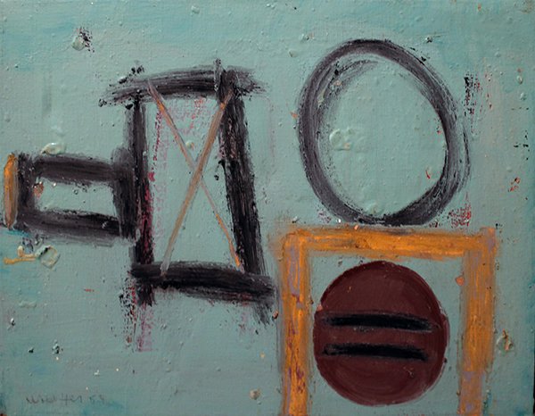 Emerson Woelffer, The Drug Store, 1953: Oil on canvas Signed and dated in pencil on recto; titled in pencil on verso Provenance: From the Estate of Emerson Woelffer Image: 14 x 17.5 inches; Framed: 14.5 x 18.5 inches