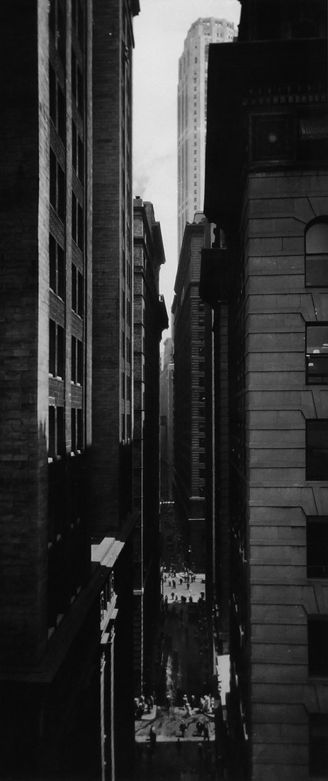 Berenice Abbott, View of Exchange Place, New York, 1934: /Printed Later Gelatin silver print Studio stamped on verso; Unsigned Image: 19 x 7 inches; Framed: 26.75 x 14.75 inches