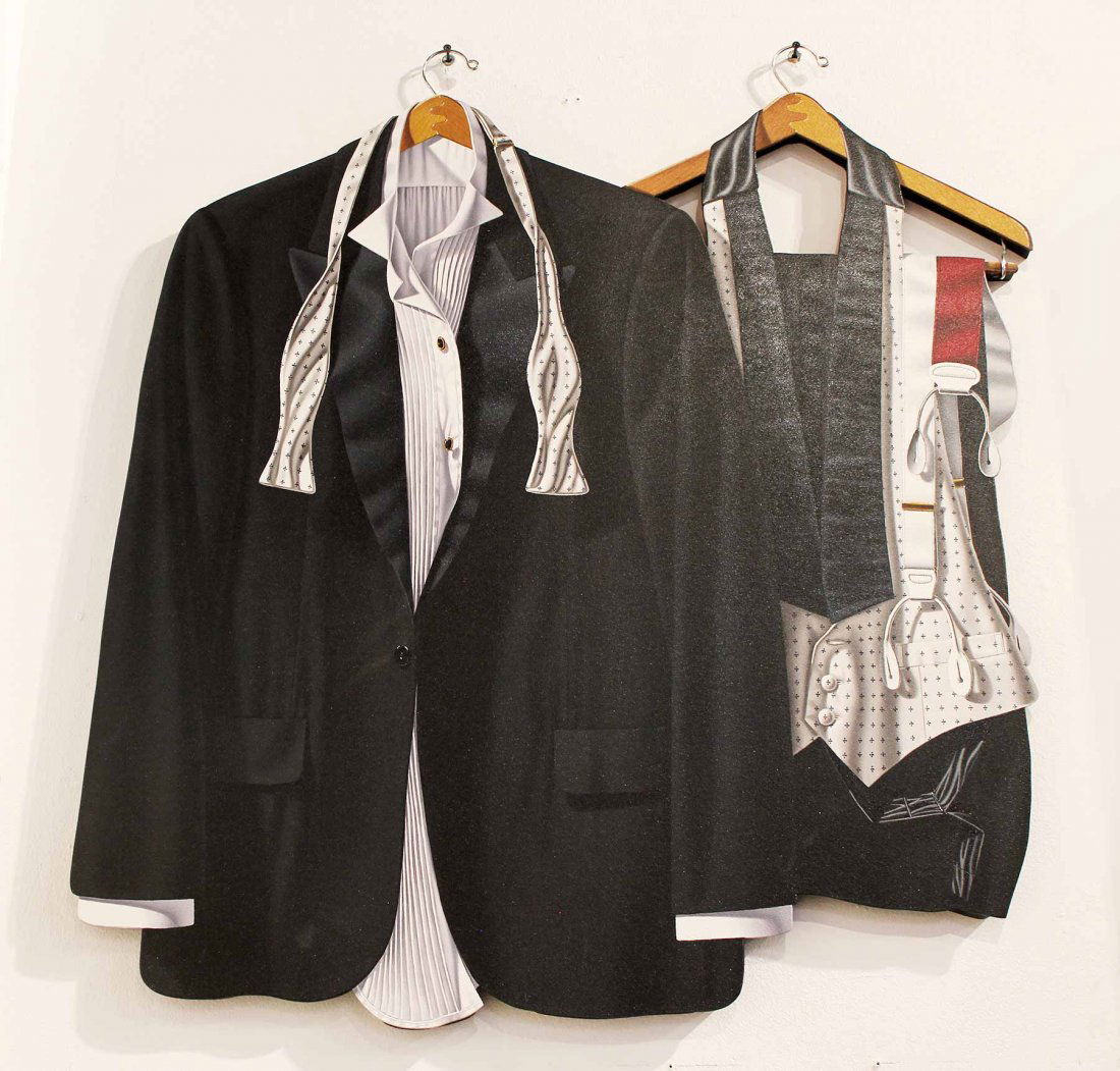 Otto Duecker, Tuxedo-Vest-Pants, 1989: Oil on wood cutout Signed and dated in ink on verso Provenance: Elaine Horwitch Galleries, NM, tag on verso Image: 37 x 32 inches 