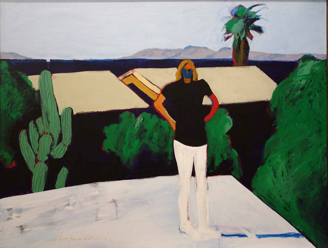 Fritz Scholder, Mystery Woman on Roof, c. 1981: Oil on canvas Signed on recto Image: 30 x 40 inches; Framed: 32.125 x 42.125 inches