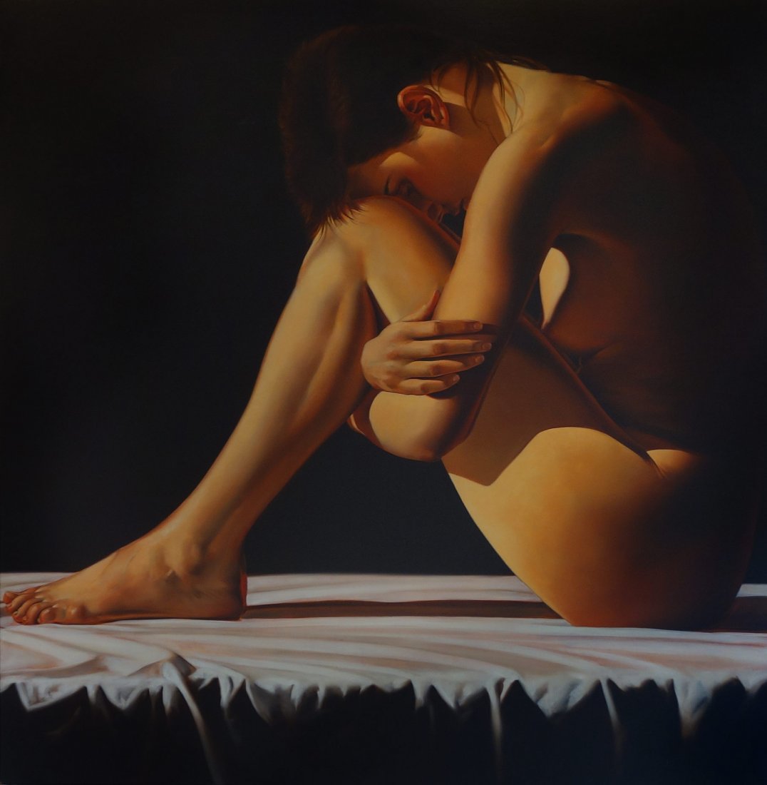 John Nava, Seated, 1991: Oil on canvas Signed, titled and dated in ink on verso Provenance: Modernism, San Francisco, tag on verso Image: 48 x 48 inches; Framed