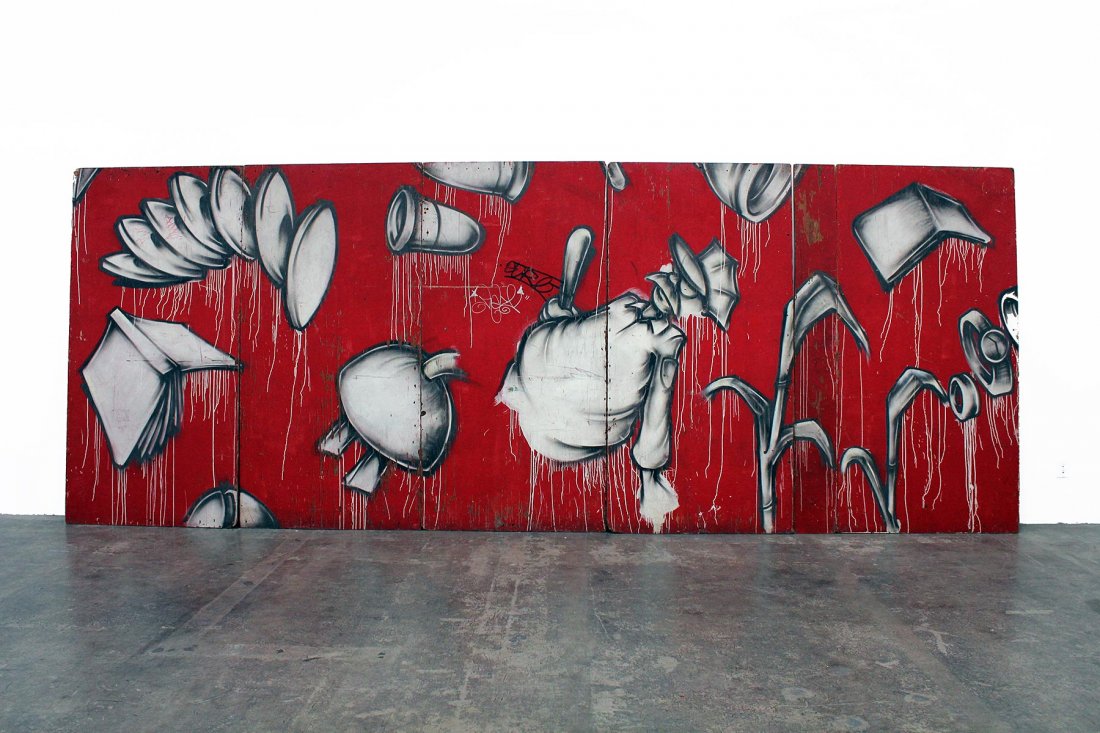 Barry McGee, Untitled (Graffiti Wall), 1991: 6 wood panels with spray paint Commissioned for the Yerba Buena Museum of Art, San Francisco Image: 96 x 252 inches installed