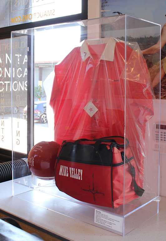 Mike Kelley Bowling Ball, Bag, Shirt, 1991: Set of three objects including a customized bowling shirt,bowling ball and bag in plexiglas case From the numbered edition of 50 Ball engraved with signature and edition number Published by A.R.T. Pre