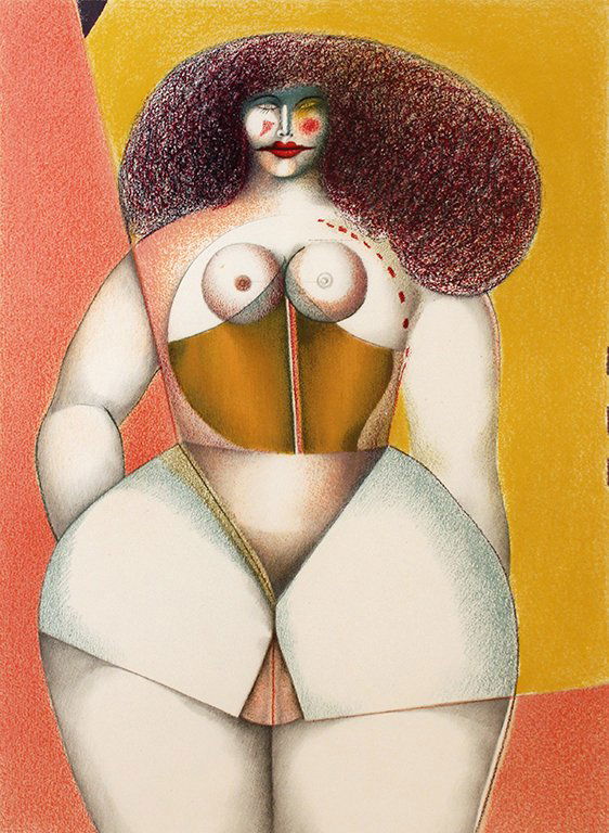 Richard Lindner Untitled (Nude on Yellow Background),: From the EugÃ¨ne Ionesco, Fernand Mourlot, Paris portfolio From the proof edition of 20 aside from the numbered edition of 125 Lithograph Signed and numbered in pencil on recto Image: 27.5 x 36.5 in
