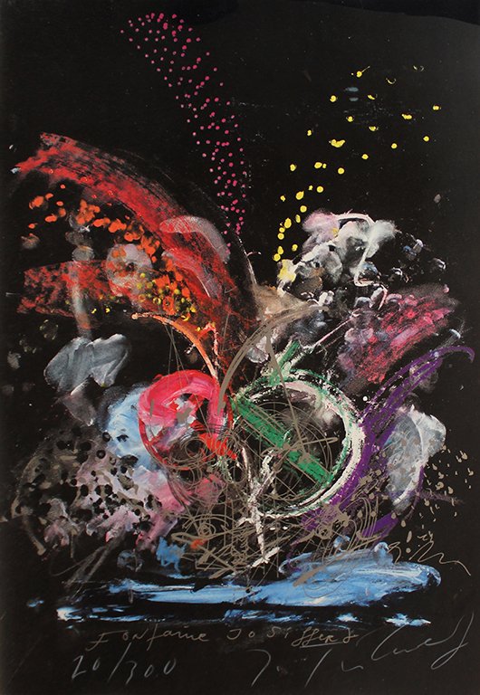 Jean Tinguely Fontaine Jo Siffert, 1984: From Eight by Eight to Celebrate the Geffen Contemporary Portfolio Silkscreen From the numbered edition of 300 Signed and numbered in pencil on recto Image: 41 x 28 inches; Framed: 53 x 41 inches