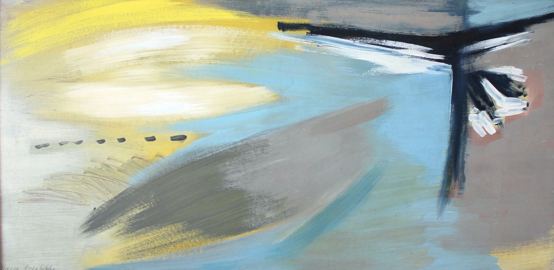 Hugo Weber Untitled, 1950: Oil on panel Signed and dated on recto Image: 24 x 47.5 inches; Framed: 27.5 x 51 inches