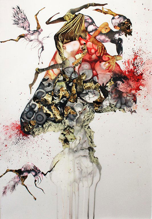 Wangechi Mutu: Howl, 2006â€¨Archival pigment print with screenprint in colors on smooth wove paper Signed and numbered in pencil verso From the numbered edition of 40â€¨Image: 34.5 x 23.75 inches; Framed: 42