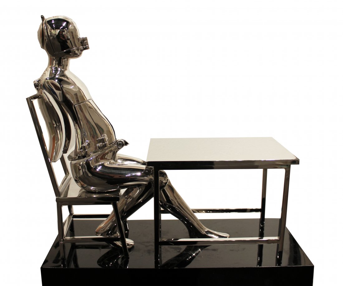Ernest Trova Seated Figure: Ernest Trova Seated Figure , 1987 Polished stainless steel articulated figure seated on chair Sculpture: 17.5 x 16 x 16.5 inches; Pedestal: 41 x 19 x 8 inches Condition: surface scuffs on figure, tabl