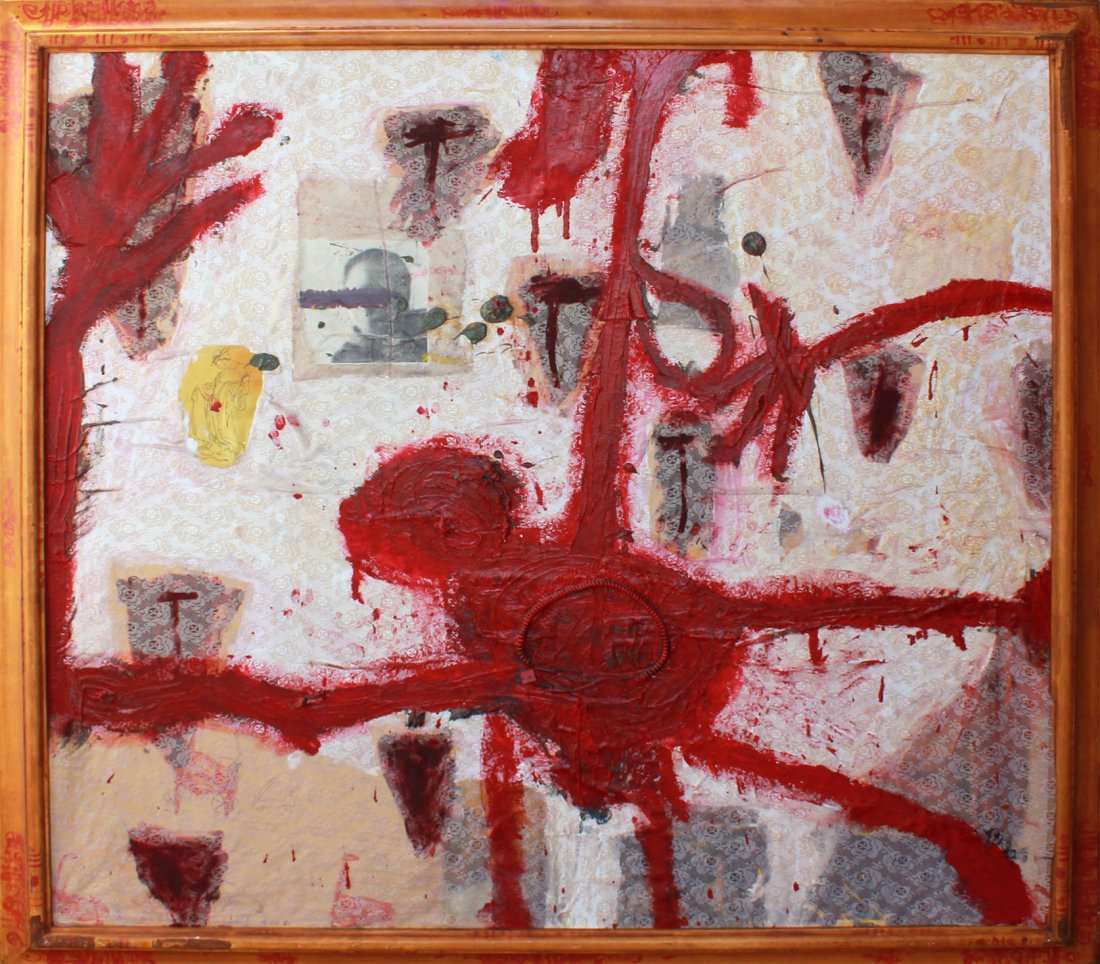 Anton Henning (Born 1964) : Anton Henning (Born 1964) Portrait of an Infatuation, 1990 Oil, fabric, paper collage and telephone cord on canvas in artist’s frame Signed Image: 55 x 59 inches; Framed: 62 x 66 inches Provenance