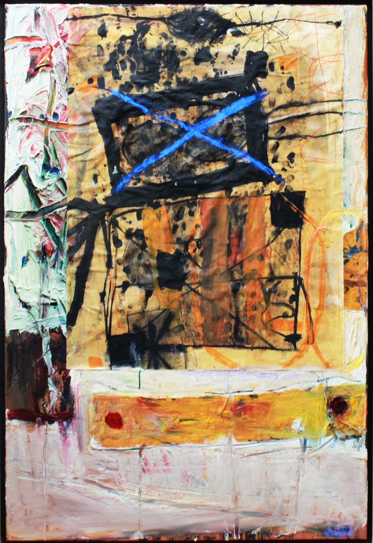 Anton Henning (Born 1964) : Anton Henning (Born 1964) Untitled, 1983 Oil, fabric, paper collage, ink and pastel on canvas Initialed and dated on recto Image: 36.5 x 25 inches; Framed: 39 x 27 inches Provenance: Fred Hacker, Los
