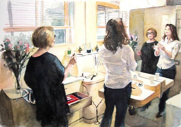 Delia Brown Untitled (Self-portrait: with Margot Levin) 2003 Watercolor on paper Image: 12 x 16.5 inches, Framed: 16 x 20.5