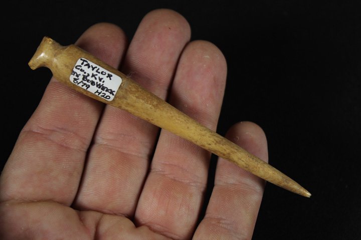 Bone Artifact: Bone Artifact - Size: 4.07" long .52" wide. From Taylor County Kentucky, Ex Byron Anderson collection, Byron can be found in Who's who's in Indian Relics vol. 2