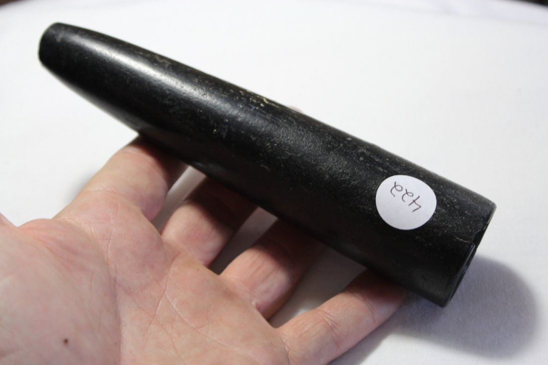 Steatite Tube Pipe Ky: Steatite tube pipe 6.56" long with a slight ring on large end. black steatite nicely polished imperfections are from age and use. From Kentucky