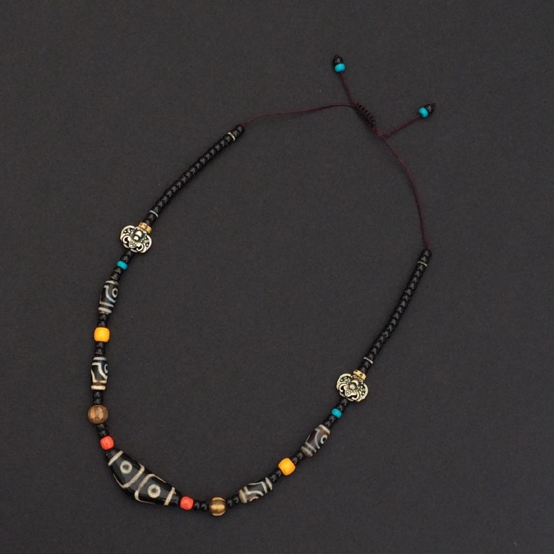 Chinese 24" Dzi Bead Necklace w Silver and Carved Coral (1 of 2)