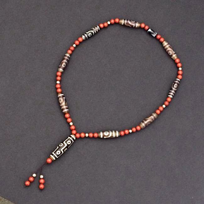 Chinese Dzi Nanhong Bead Necklace w 9 Eye Pendant (1 of 2)