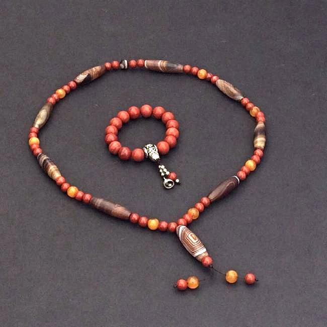 Dzi Bead Necklace & Bracelet Set Nanhong Amber Beads (1 of 5)