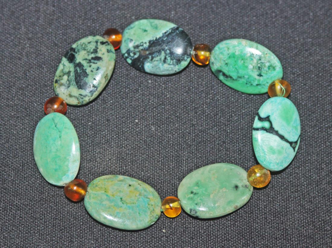 Chinese Tibetan Turquoise & Amber Bead Bracelet (1 of 2)