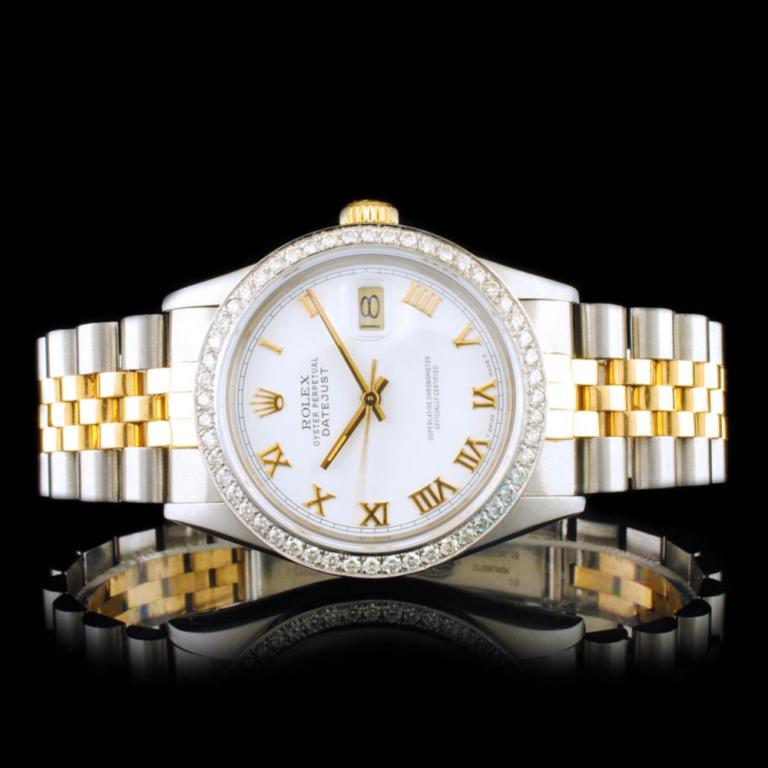 Rolex DateJust YG/SS Diamond 36mm Wristwatch: Estimated Retail Replacement Value: $16,250.00Ref: WAG18000Item No.: ARXAB012Specification:Model: DateJust Movement: Perpetual, Self Winding Function: Instantaneous DateCase Size: 36mmCase Material: S