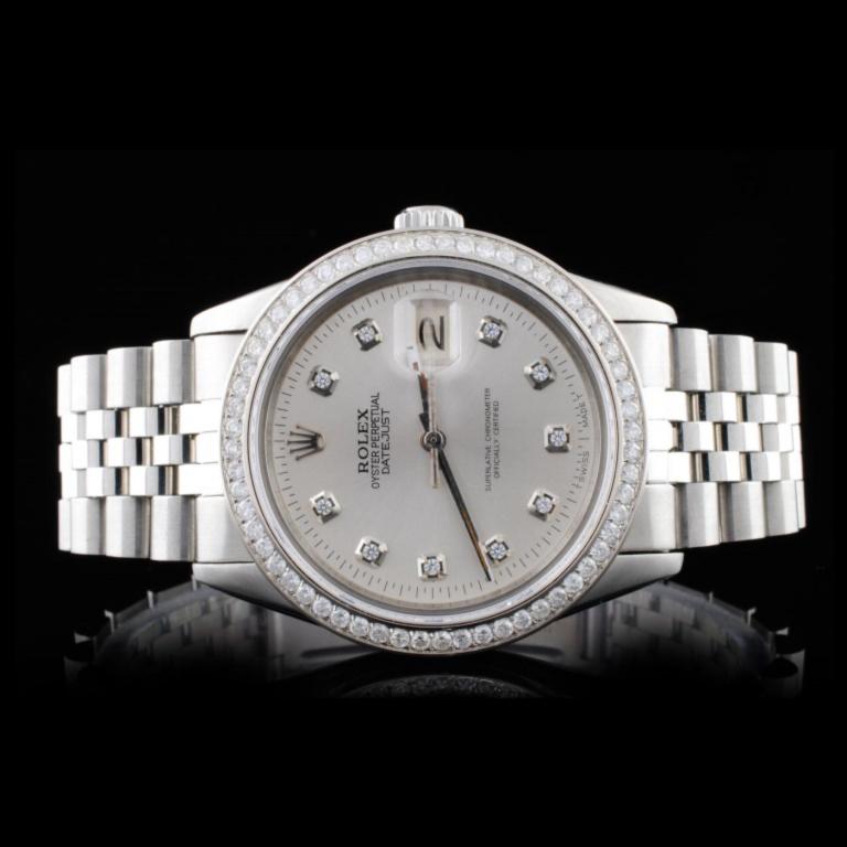 Rolex SS DateJust 36MM Diamond Wristwatch: Estimated Retail Replacement Value: $19,250.00Ref: WAG16000Item No.: ARX0164Specification:Model: Oyster Perpetual DateJustMovement: Perpetual, Self WindingCase Material: Stainless SteelBracelet Materi
