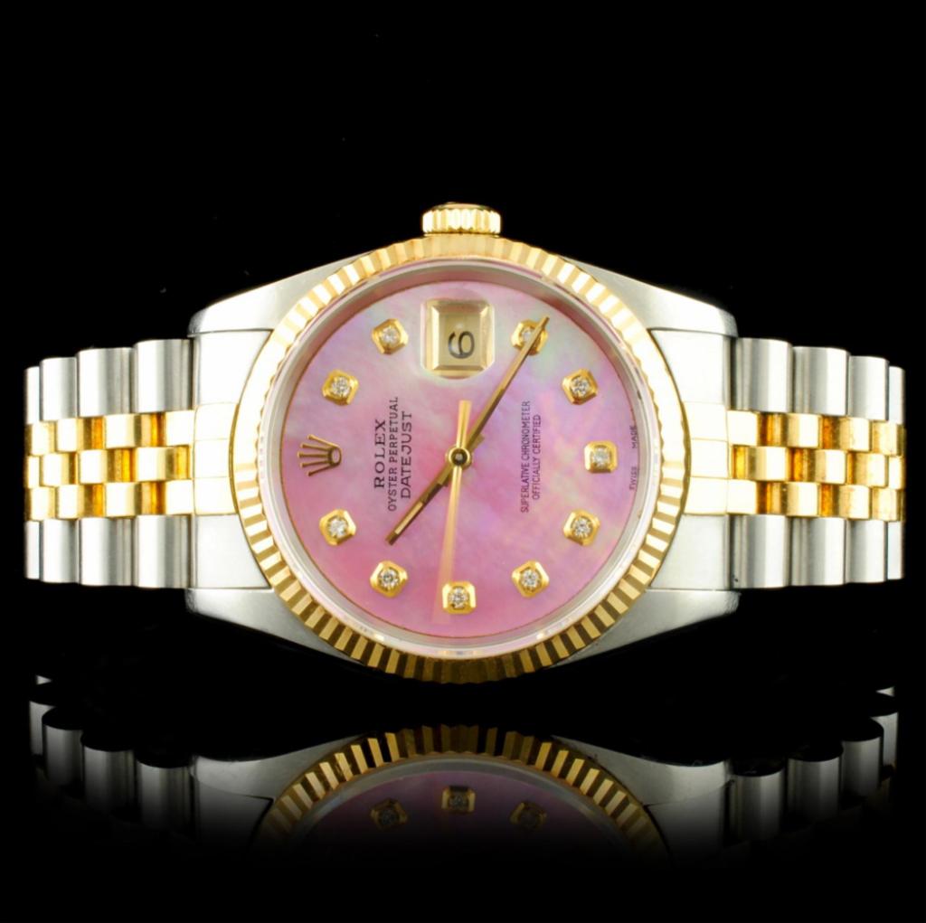 Rolex DateJust YG/SS Diamond 36MM Wristwatch: Estimated Retail Replacement Value: $15,735.00Ref: WAG15000Item No.: ARXAA-0027Specification:Documents: Appraisal ReportModel: DateJustMovement: Perpetual, Self WindingFunction: Instantaneous Quick Se