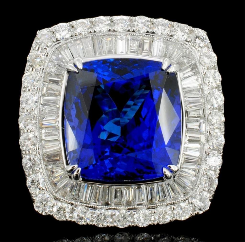 18K White Gold 17.88ct Tanzanite & 4.24ct Diamond: Estimated Retail Replacement Value: $135,000.00 Ref: WAG53490T Gold Content: 18K White Gold Weight of Item: 18.0 grams Main Gemstone: Tanzanite Quantity: 1 counts Shape: Cushion Weight: