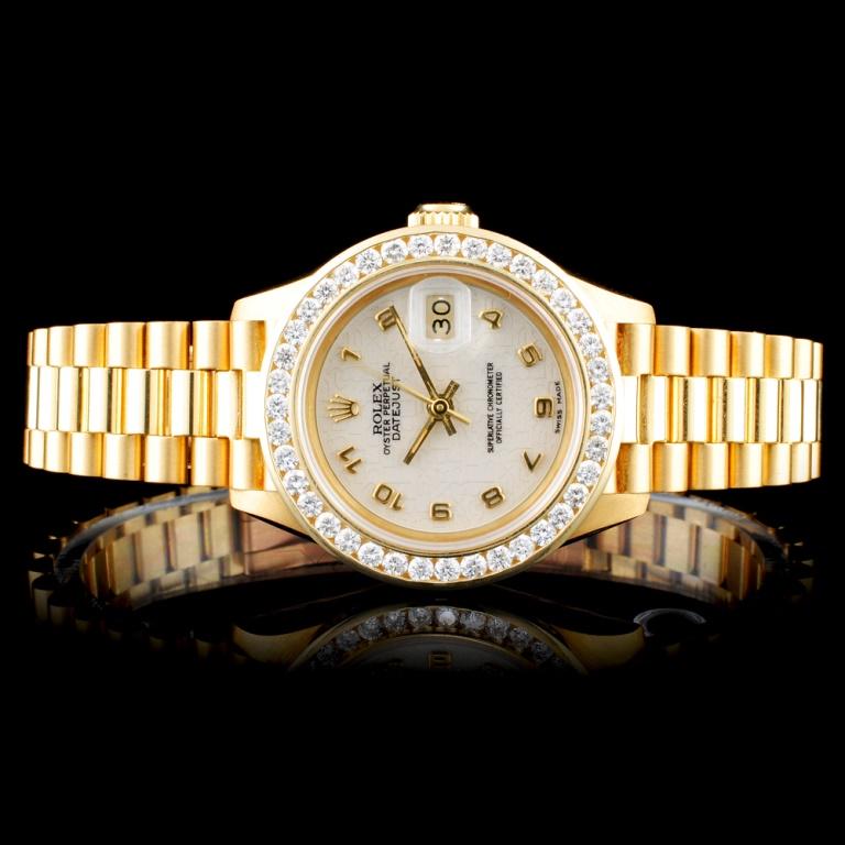 Rolex Presidential Diamond Ladies Watch: Estimated Retail Replacement Value: $35,100.00Ref: IRA31200Item No.: ARXU-027Specification:Model: DateJust PresidentialMovement: Perpetual, Self WindingFunction: DateCase Size: 26mmCase Material: 18K