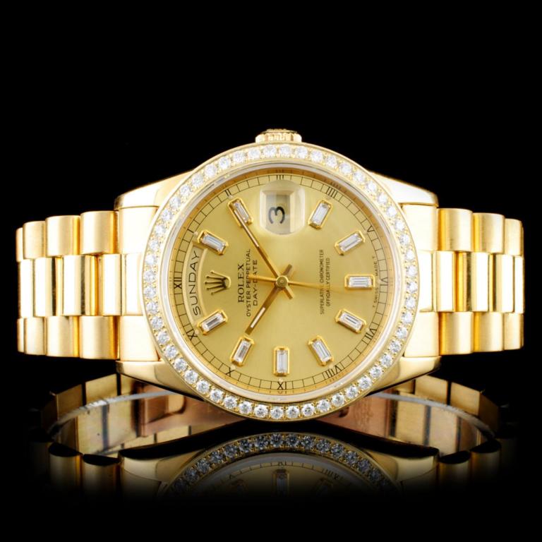 Rolex 18K Day-Date Diamond Wristwatch: Estimated Retail Replacement Value: $32,700.00Ref: BAS47000Item no.: ARXZ-017Specification:Model: Oyster Perpetual Day-DateMovement: Perpetual, Self Winding, 31-Jewel ChronometerCase Material: 18K Yel