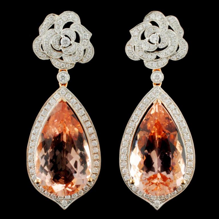 18K Gold 16.88ctw Morganite & 1.30ctw Diamond Earr: Estimated Retail Replacement Value: $19,320.00 Ref: IRA11040 Item no.: FA2056533027-E3826AMG1 Specification: Gold Content: Solid 18K Rose Gold Weight of Item: 14.00 grams Country Made: U.S.A Main Gems
