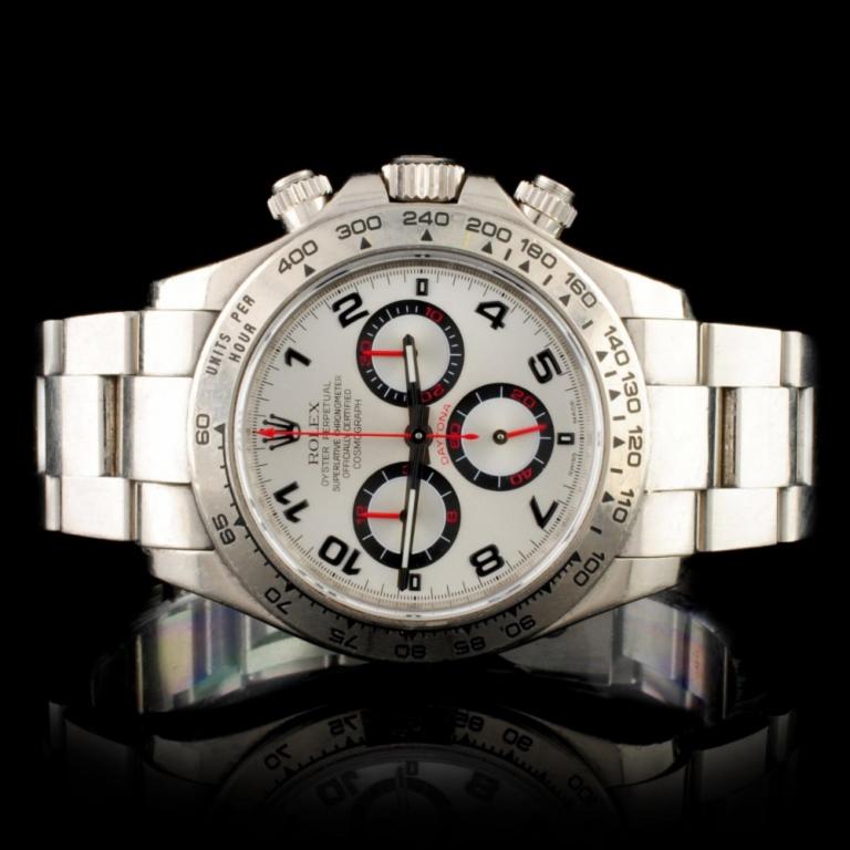 Rolex Daytona 18K White Gold Wristwatch: Estimated Retail Replacement Value: $48,775.00 Ref: IRA88000 Item no.: ARXU-003 Specification: Model: Daytona, Case Size: 40mm Movement: Perpetual, Self-winding, Chronometer Ref; 4130 Case Material: 1