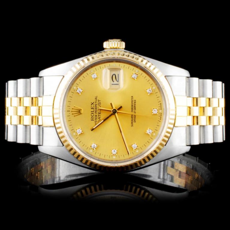 Rolex Two Tone DateJust Diamond Watch: Estimated Retail Replacement Value: $12,250.00Ref: BAS15000Item No.: ARXM010Specification:Model: DateJust Oyster PerpetualMovement: Perpetual, Self Winding ChronometerFunction: Instantaneous DateCase