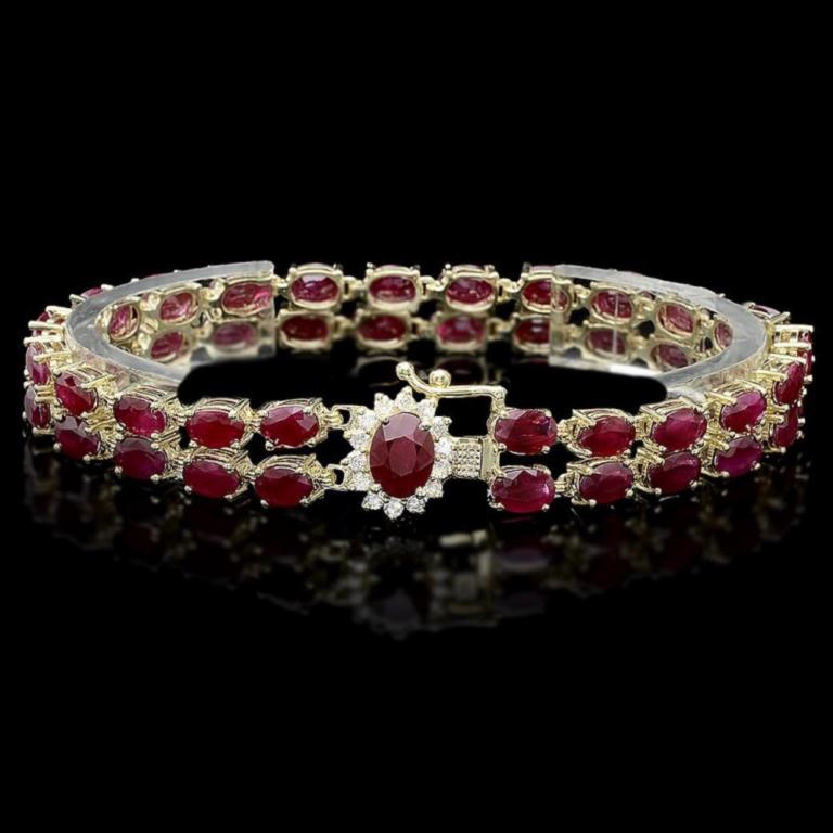14k Gold 20.00ct Ruby & 0.50ct Diamond Bracelet: Estimated Retail Replacement Value: $17,500.00 Ref: WAG9200 Item No.: ARA-CRA091 Metal: 14k Solid Yellow Gold Size: 7 Total Item Weight: 19.00 grams Country Made: USA Main Stone: Ruby Color: Red Carat