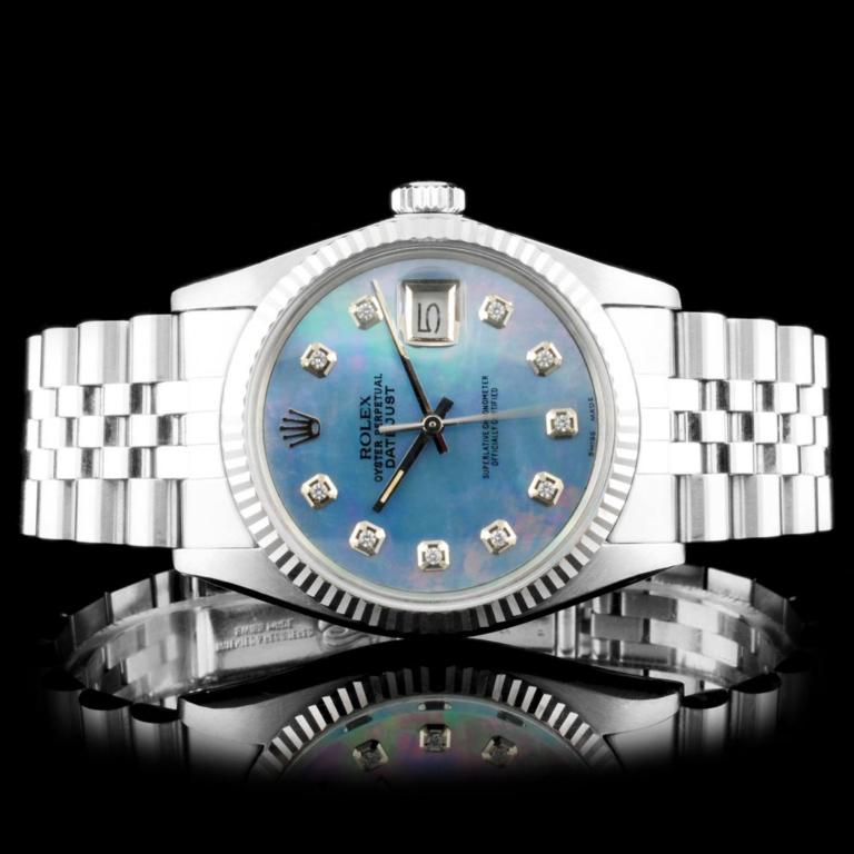 Rolex DateJust SS Diamond Wristwatch: Estimated Retail Replacement Value: $11,300.00Ref: BAS14000Item No.: ARXY-003Specification:Model: DateJustMovement: Perpetual, Self WindingFunction: Instantaneous Quick Set DateCase Size: 36mmCase Mat